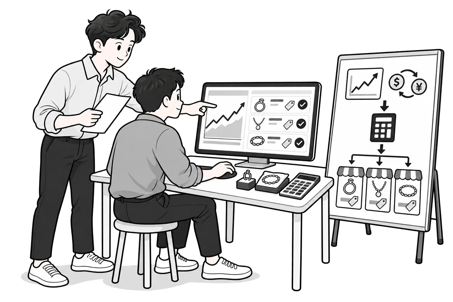 금 시세와 환율로 계산한 판매가를 여러 쇼핑몰에 일괄 반영하는 흐름을 의뢰자에게 설명하는 흑백 일러스트