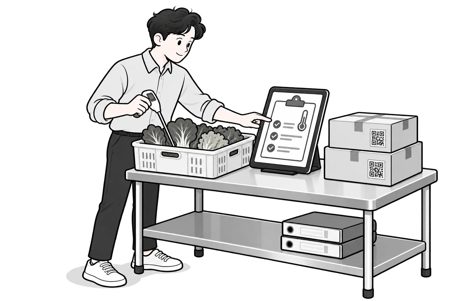 입고된 식재료의 온도를 직접 점검하며 태블릿에 기록하고, QR 표시로 원료 이력을 관리하는 흑백 일러스트