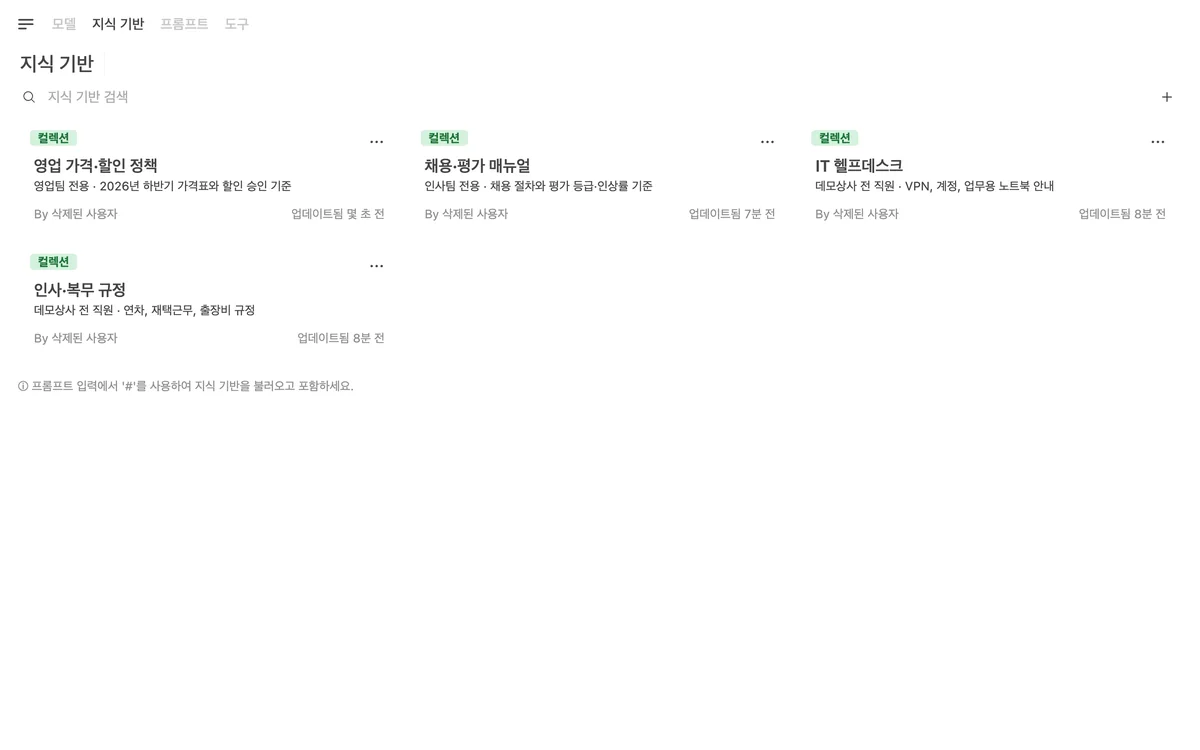 용도별로 나눈 지식 기반. 전 직원용과 영업팀·인사팀 전용이 한곳에 있습니다