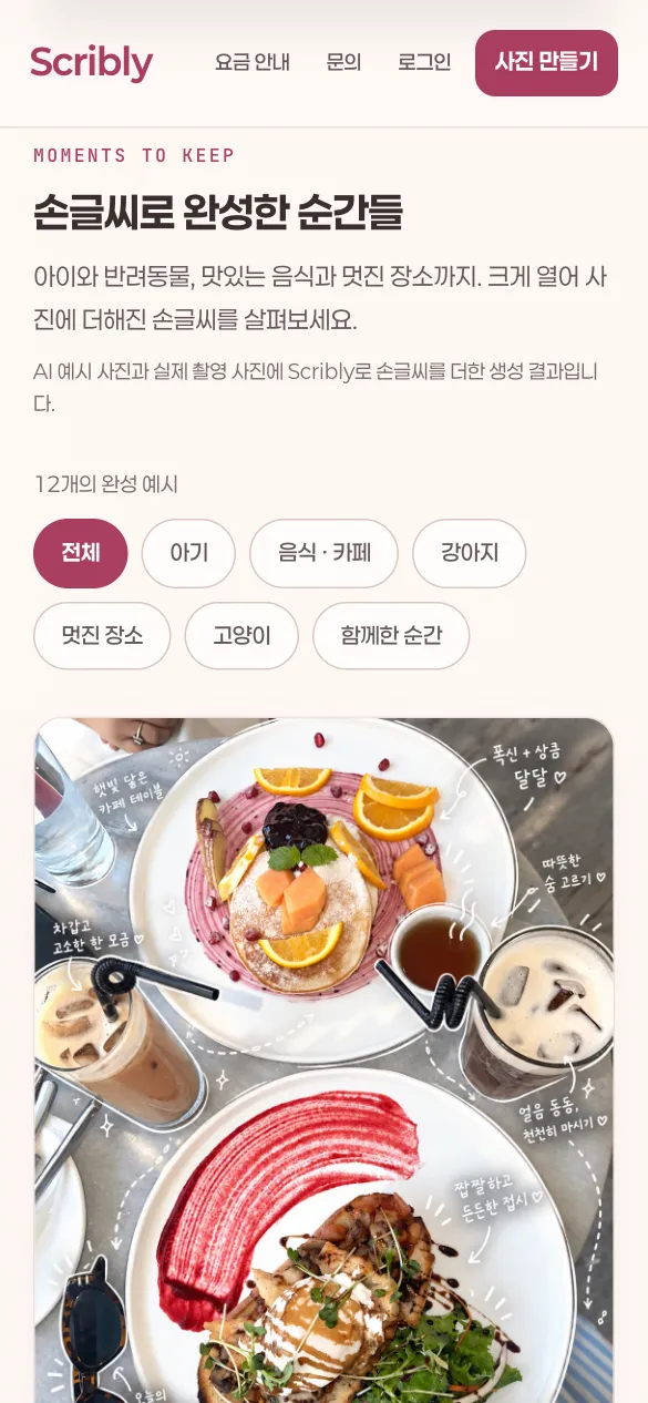 Scribly 휴대폰 화면: 완성 예시 갤러리 — 휴대폰에서 칩으로 예시 사진을 걸러 봅니다.